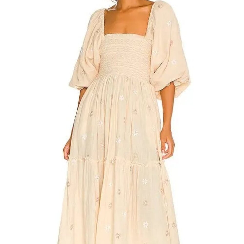 Free People Dahlia Embroidered Maxi Dress Smocked Pearl Island Size Small NWOT